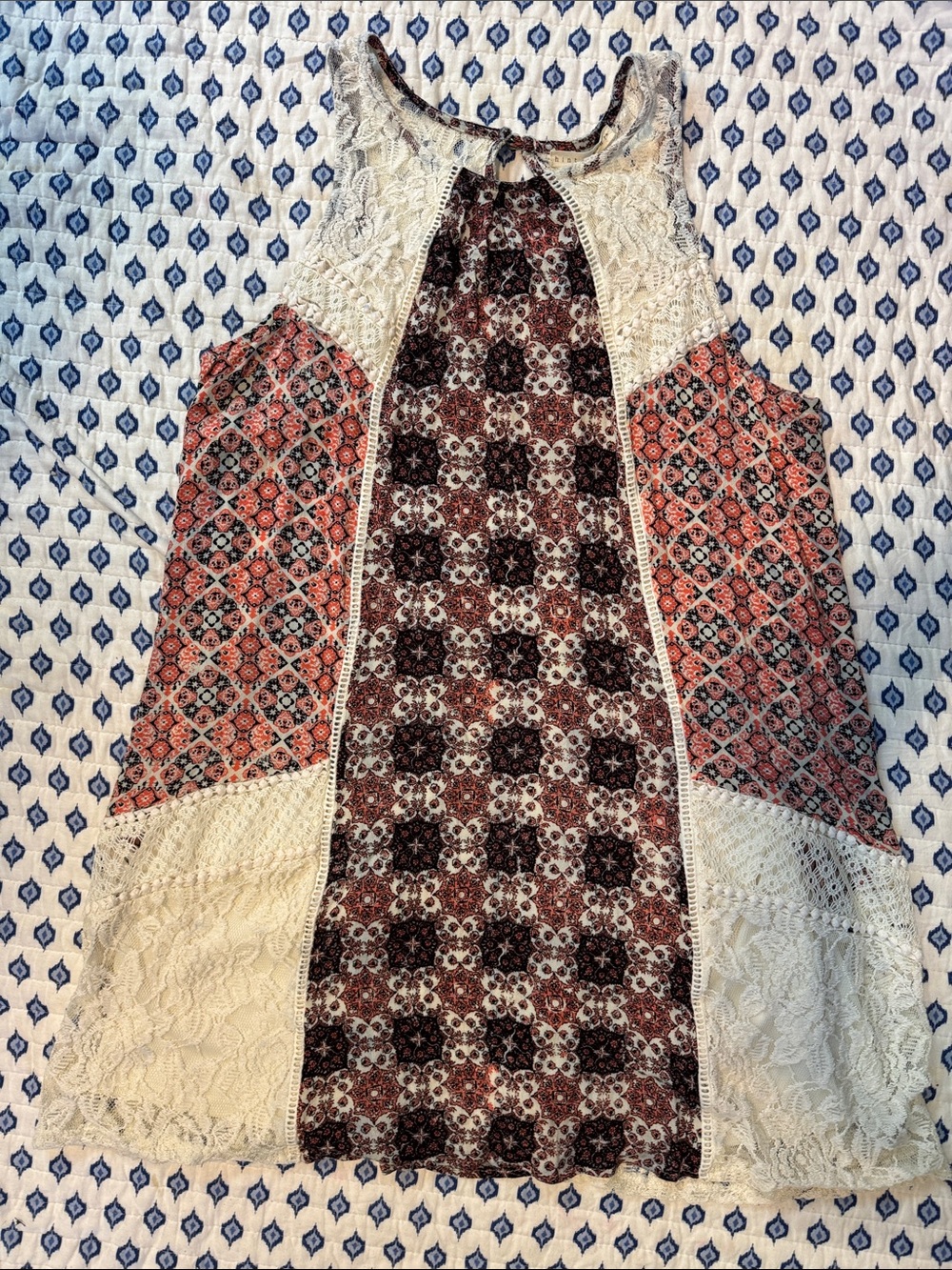 Hint Of Mint Boho Patchwork Lace-Trim sleeveless dress Cream, Rust & Brown